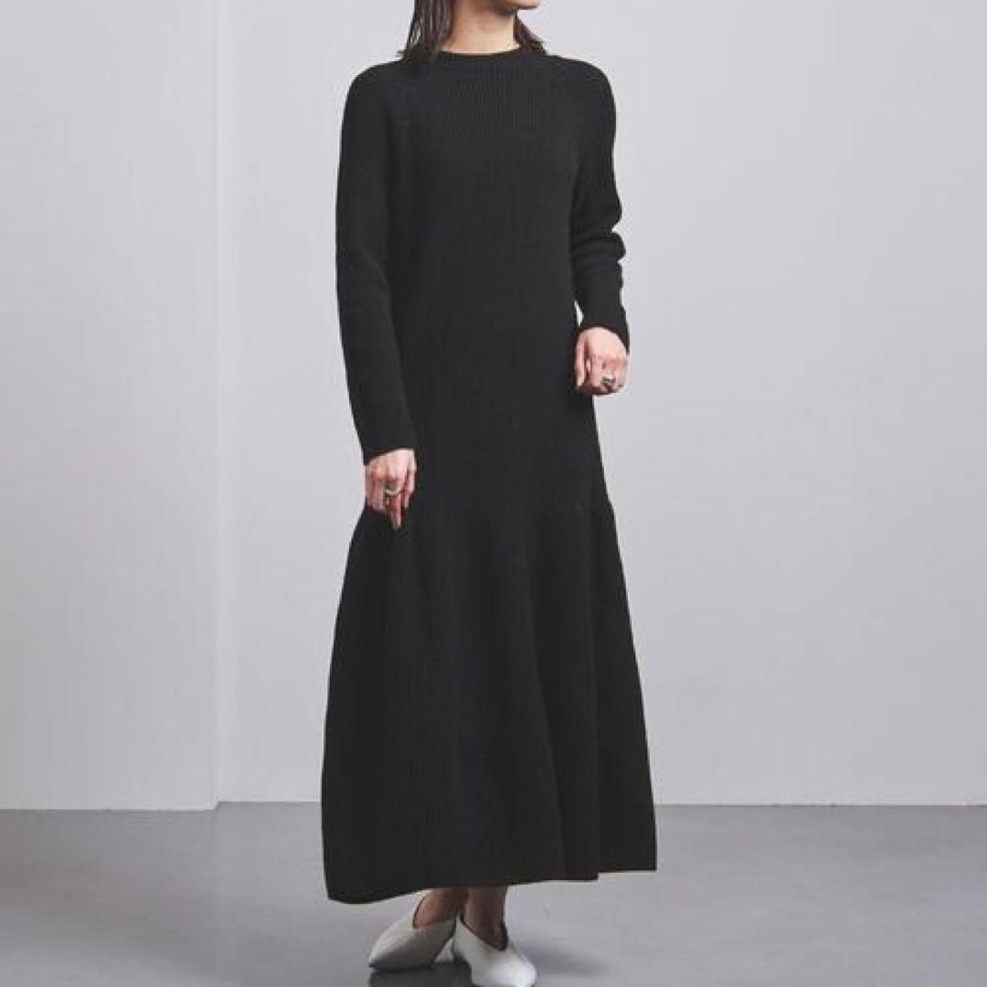 UNITED ARROWS 片畦編みティアードニットワンピース ウール100%黒