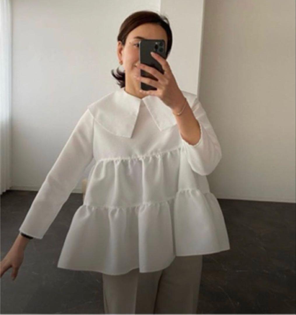 OHGA♡オーガ ティアード フリル Aライン ビッグカラー ブラウス　ホワイト