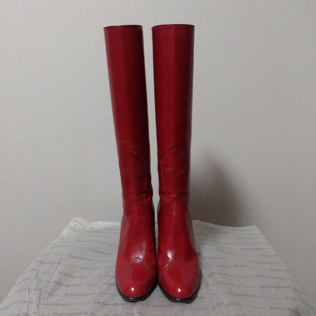 イブ.サンローラン　赤 レザー ロングブーツ 高ヒール