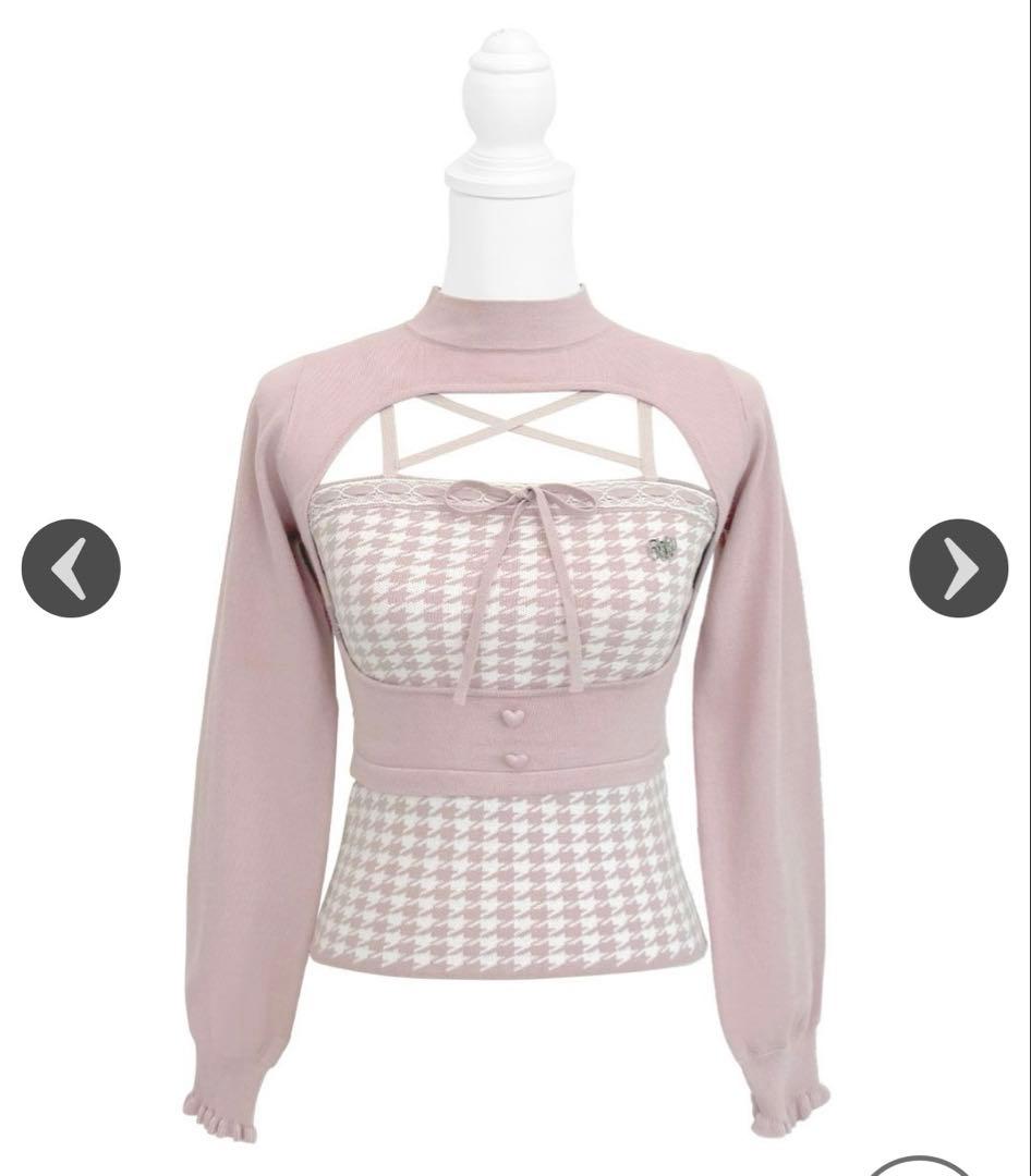 ハニーミュー 千鳥柄ハイネックアンサンブルトップス ピンク