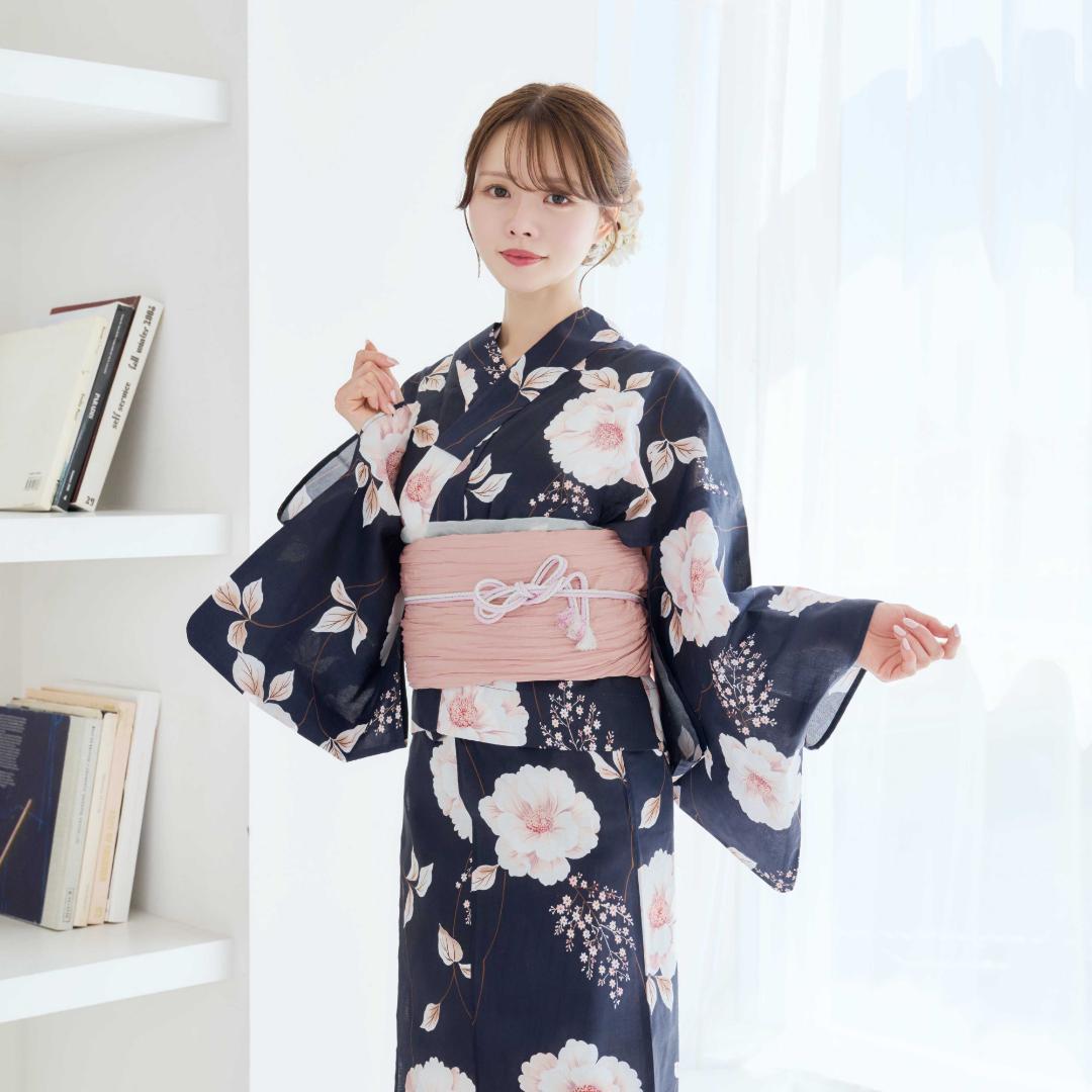 二部式浴衣 セパレート浴衣 3点set 珊瑚色の花あそび 濃紺地 Y5-23-2