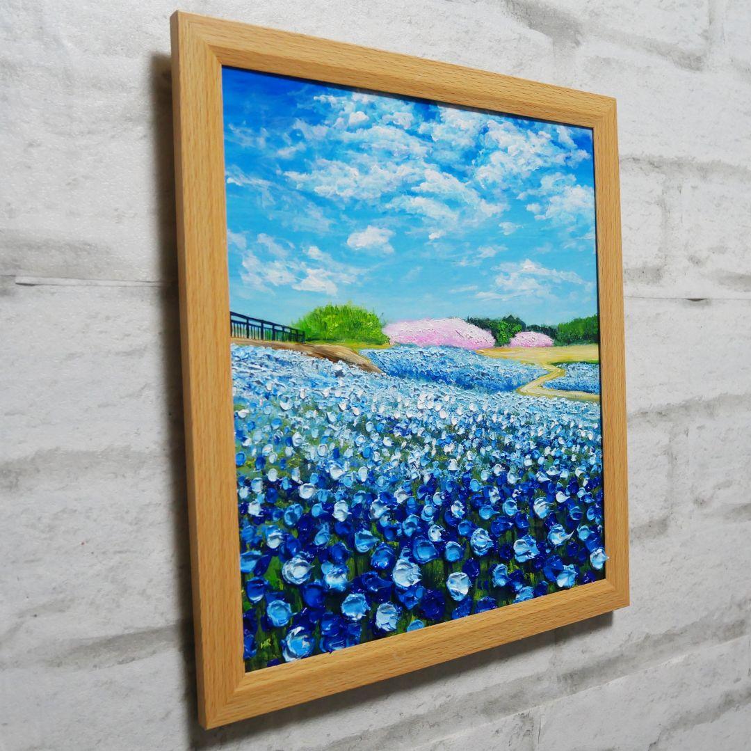 油絵 油彩 油彩画 絵 絵画 【ネモフィラと桜】