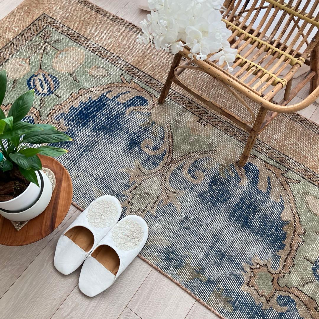 デニムブルー✳︎72×188 ベージュ　ロング　ランナー　トルコヴィンテージラグ