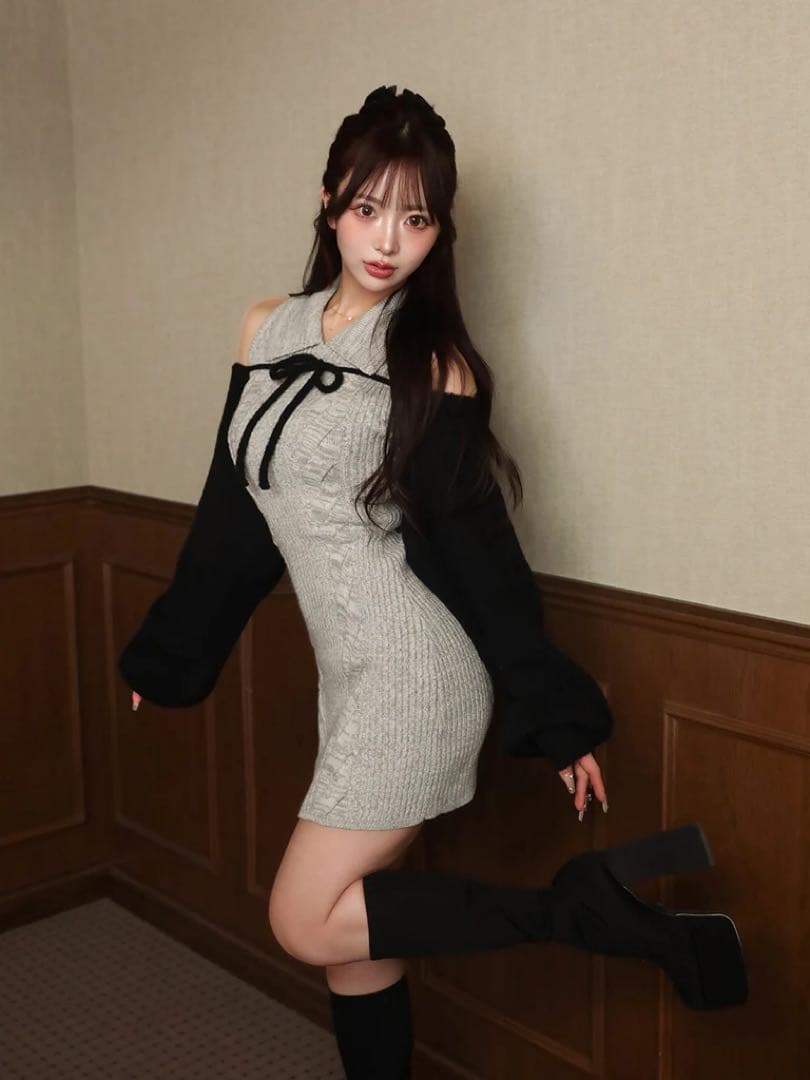 新品タグ付 ダーリッチ ショートボレロニットミニワンピース FLサイズ グレー