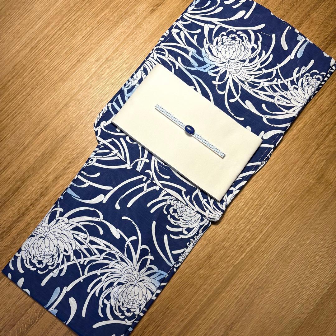 浴衣5点セット◆乱菊浴衣✖️白無地半幅帯✖️天然石帯留✖️真田紐✖️腰紐