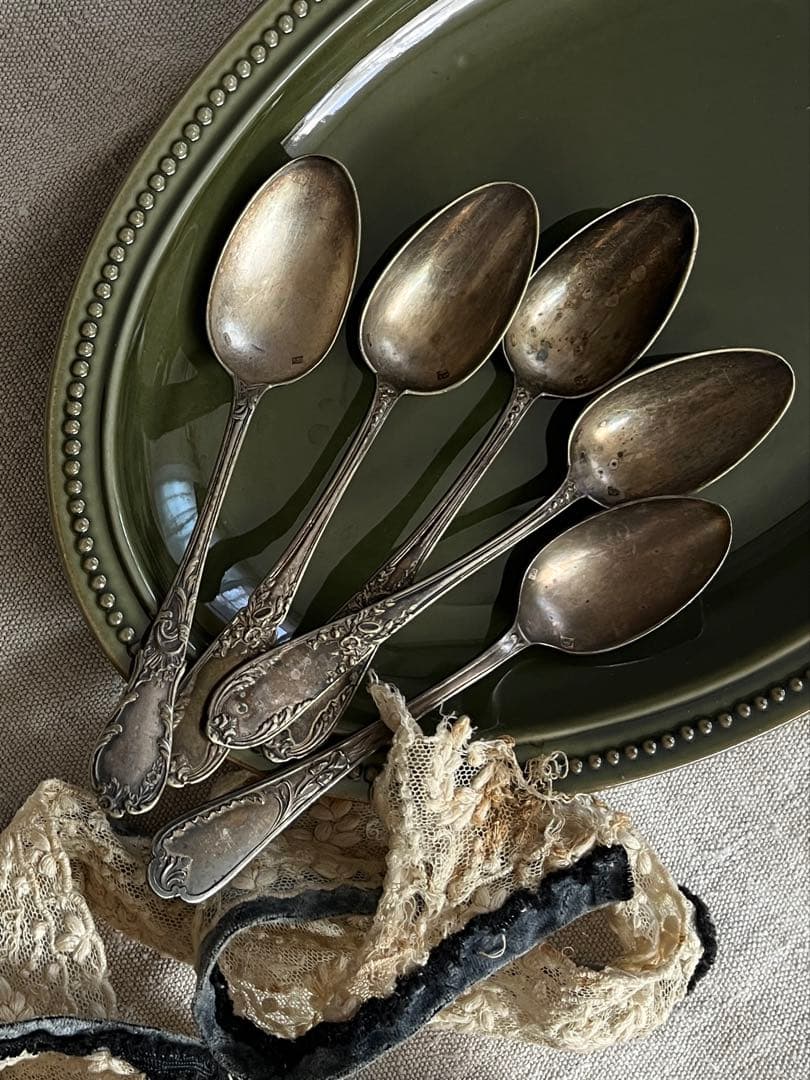 ◆最終SALE◆フランスアンティーク銀5本刻印ティースプーンデザート白銀シルバー