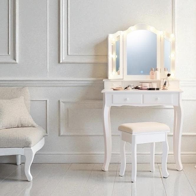 【新品】LED女優ライト　ドレッサー＆スツール　三面鏡　明るさ無段階調節