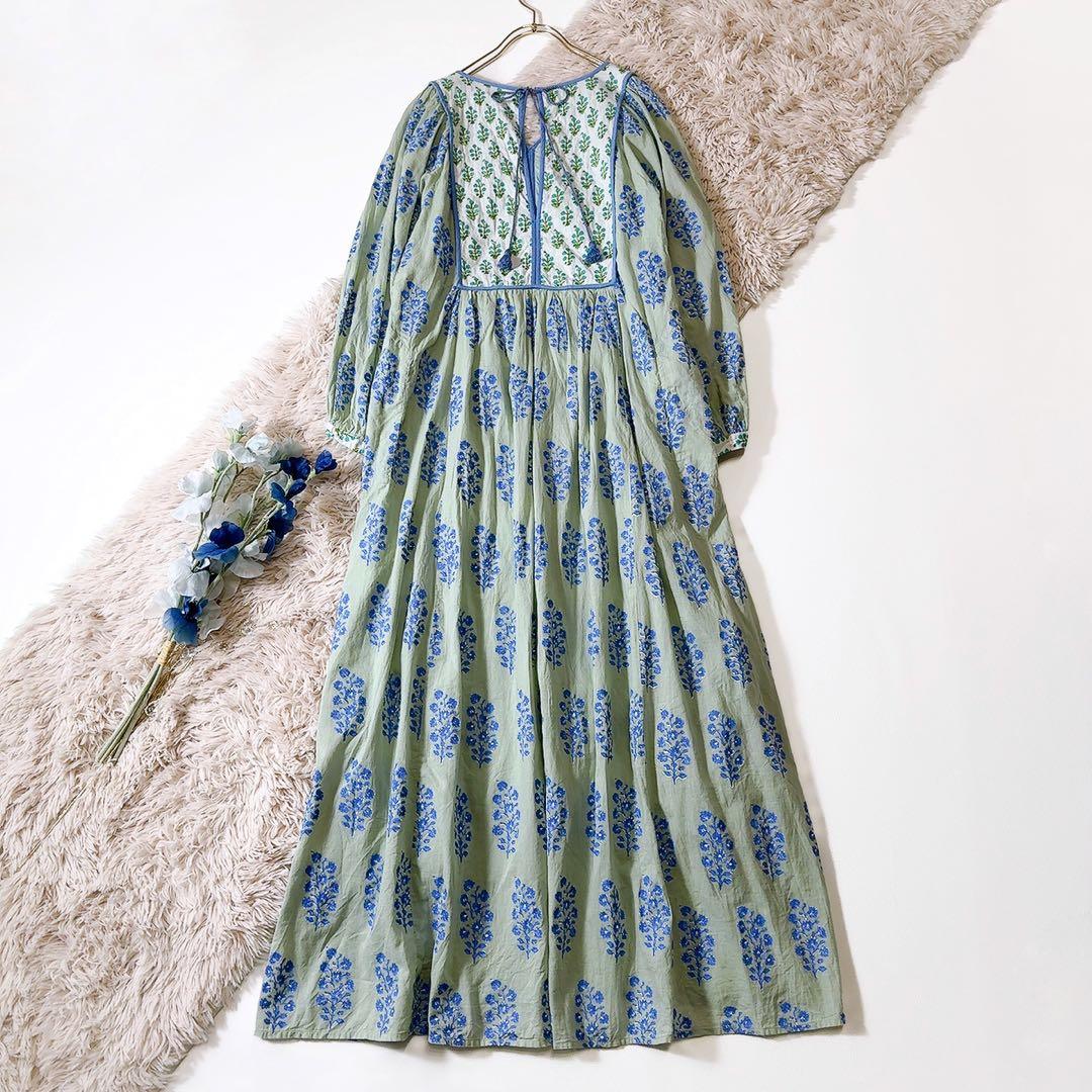 極美品ꕥヌキテパ 完売色 コットンボイルエスニックプリントギャザードレス M