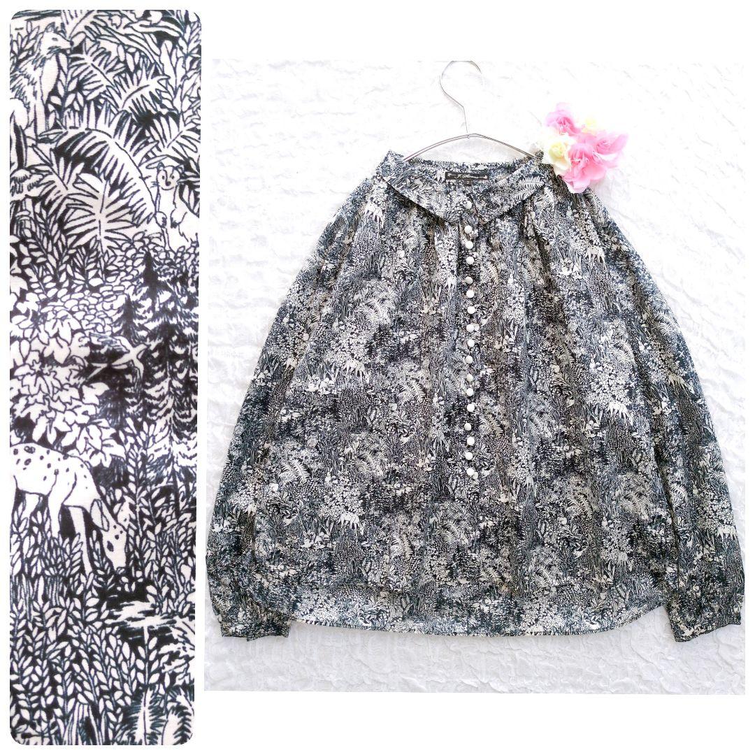 【美品】j.sloane　チビ襟ブラウス　アニマルフォレスト　総柄
