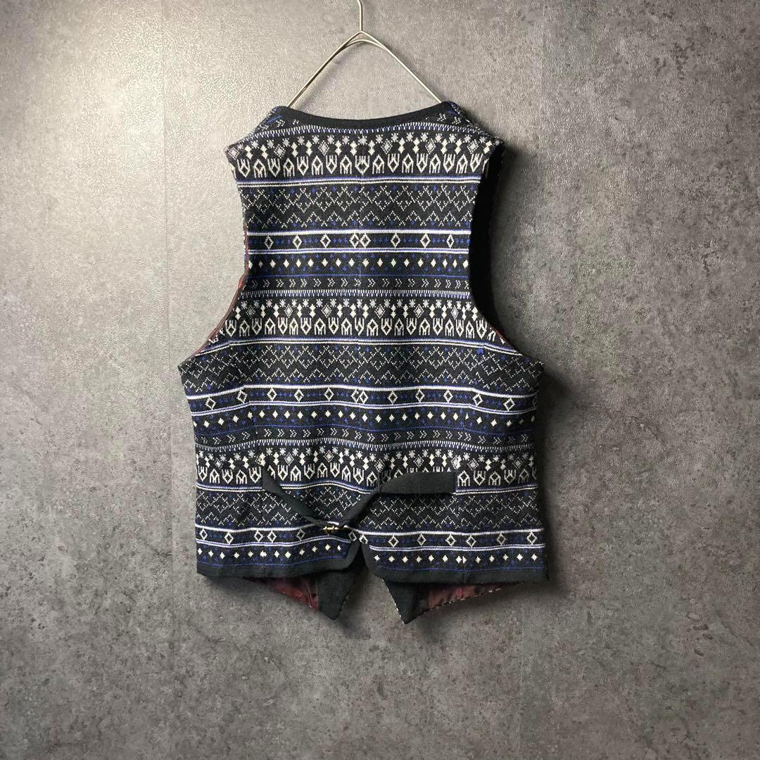 ヴィンテージ　ニットベスト　紺　総柄　裏地　デザイン　古着　レトロ