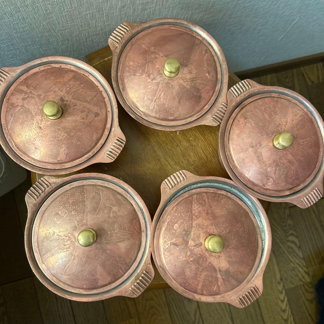銅製 丸型鍋 5個セット 蓋付き　14センチ