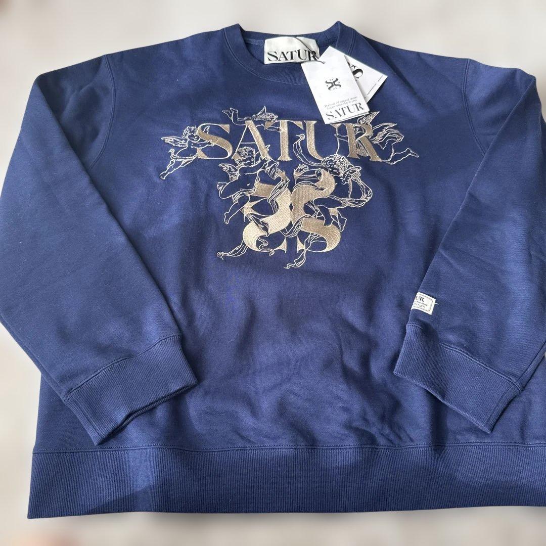 SATUR トレーナー　スウェット　ネイビー　ゴールド　刺繍　エンジェル　韓国