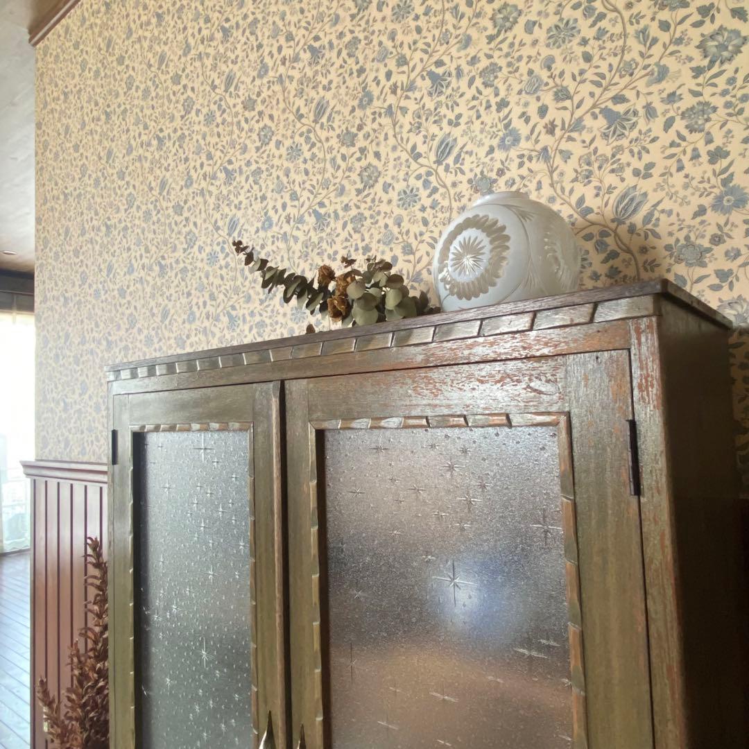 アンティーク家具　本棚　模様ガラス銀河　当時物　鍵付き