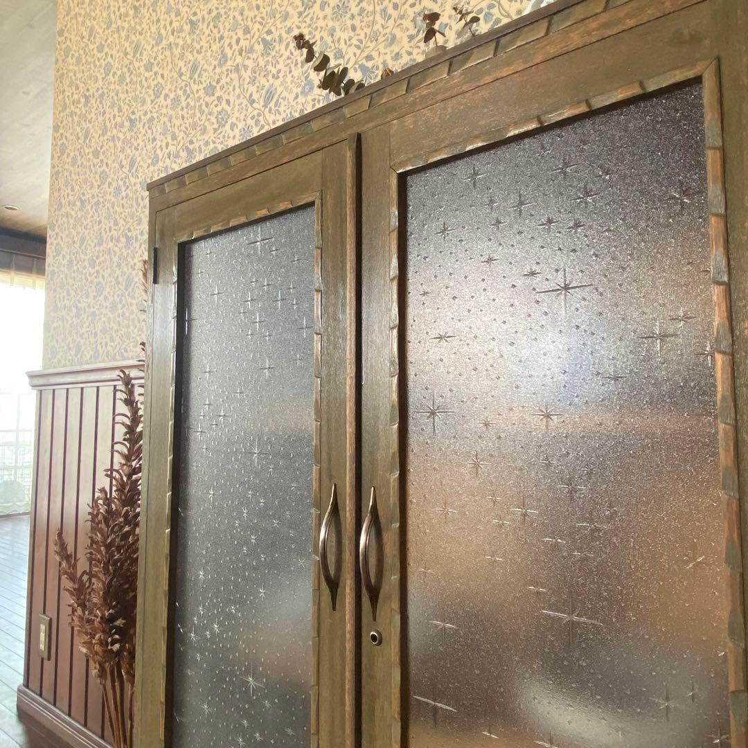 アンティーク家具　本棚　模様ガラス銀河　当時物　鍵付き