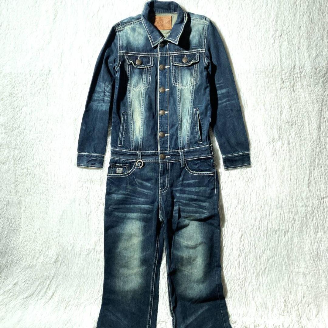 BLACK FLAME★背スカル&ロゴ刺繍 ヴィンテージ デニムツナギ 15.5
