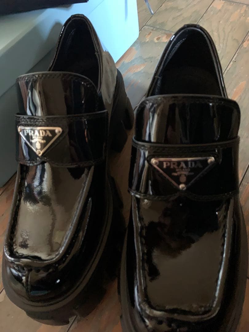 プラダ　パテントレザー　ブラッシュドレザー　モノリス　ローファー　36