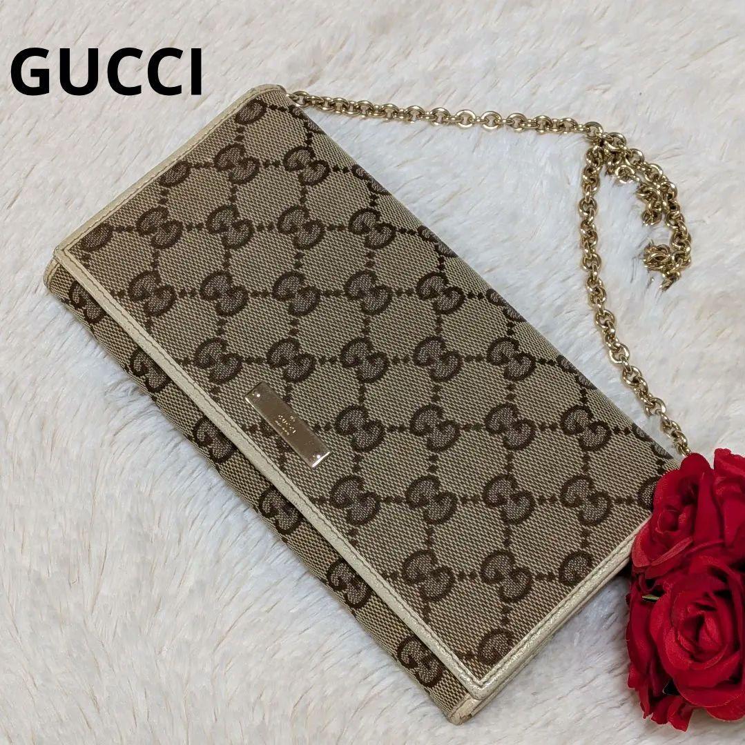希少✨️グッチ 長財布 GGキャンバス チェーンウォレット ゴールド金具フラップ