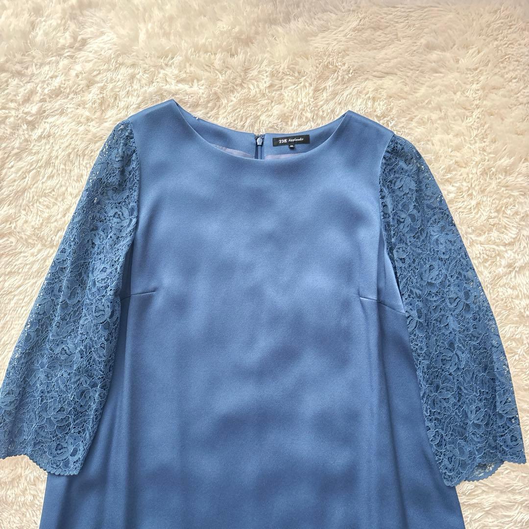 【美品】23区 袖レース 長袖ワンピース　ブルー 光沢 46 大きいサイズ