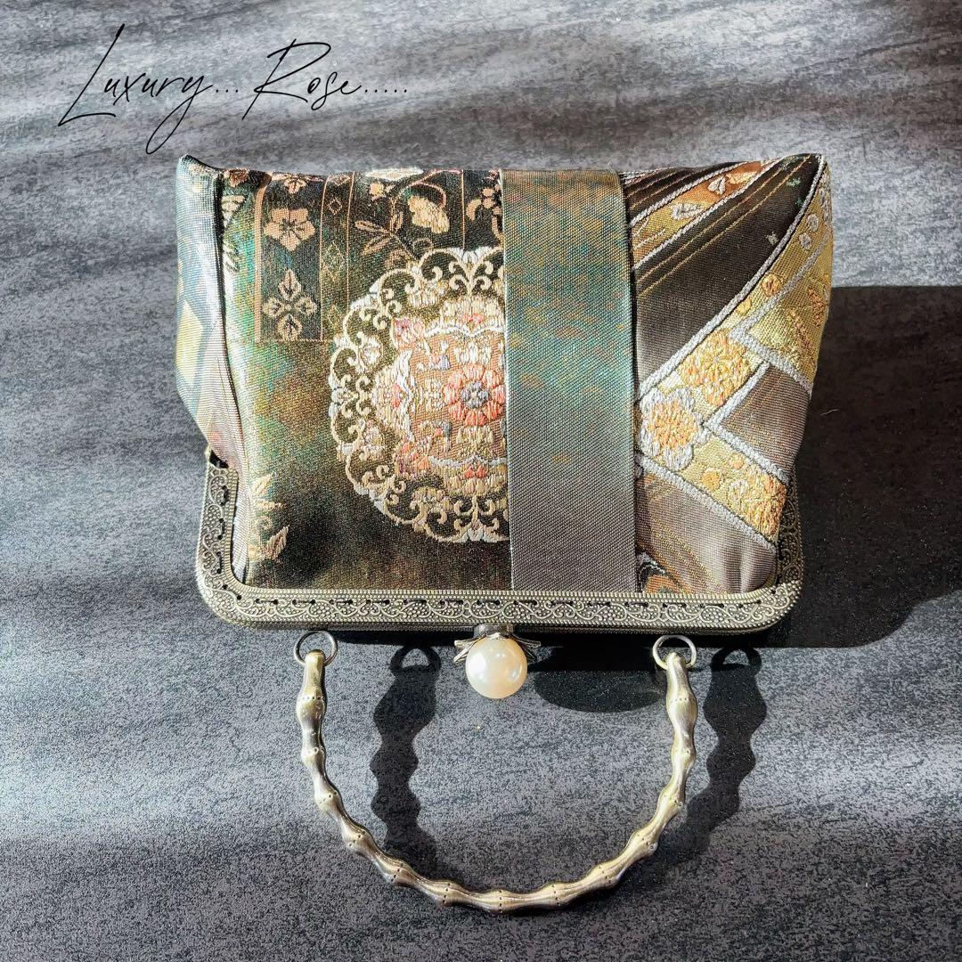 1点限定！！螺鈿細工を用いた5種上品高級帯地でパッチワーク上品帯地バッグ