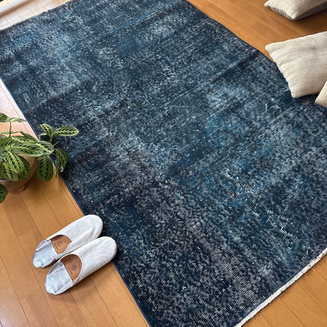 110×191ネイビーインディゴブルー　オーバーダイ　トルコヴィンテージラグ