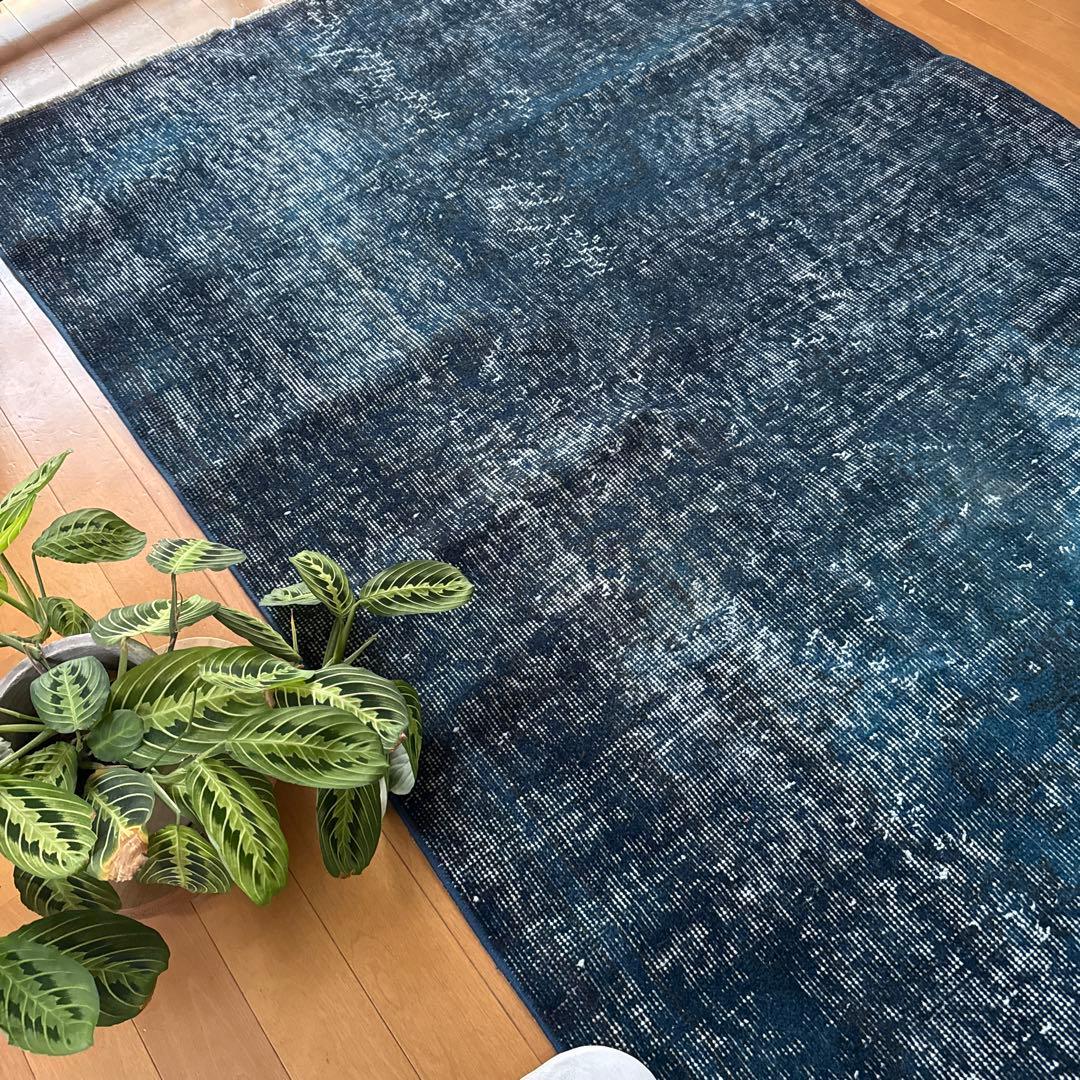 110×191ネイビーインディゴブルー　オーバーダイ　トルコヴィンテージラグ