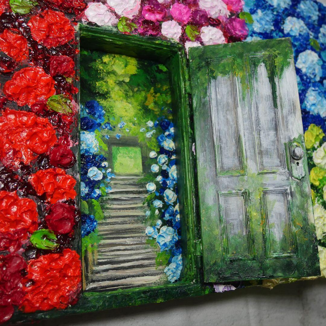 油絵 油彩 油彩画 絵画 絵【扉の先の紫陽花の階段】