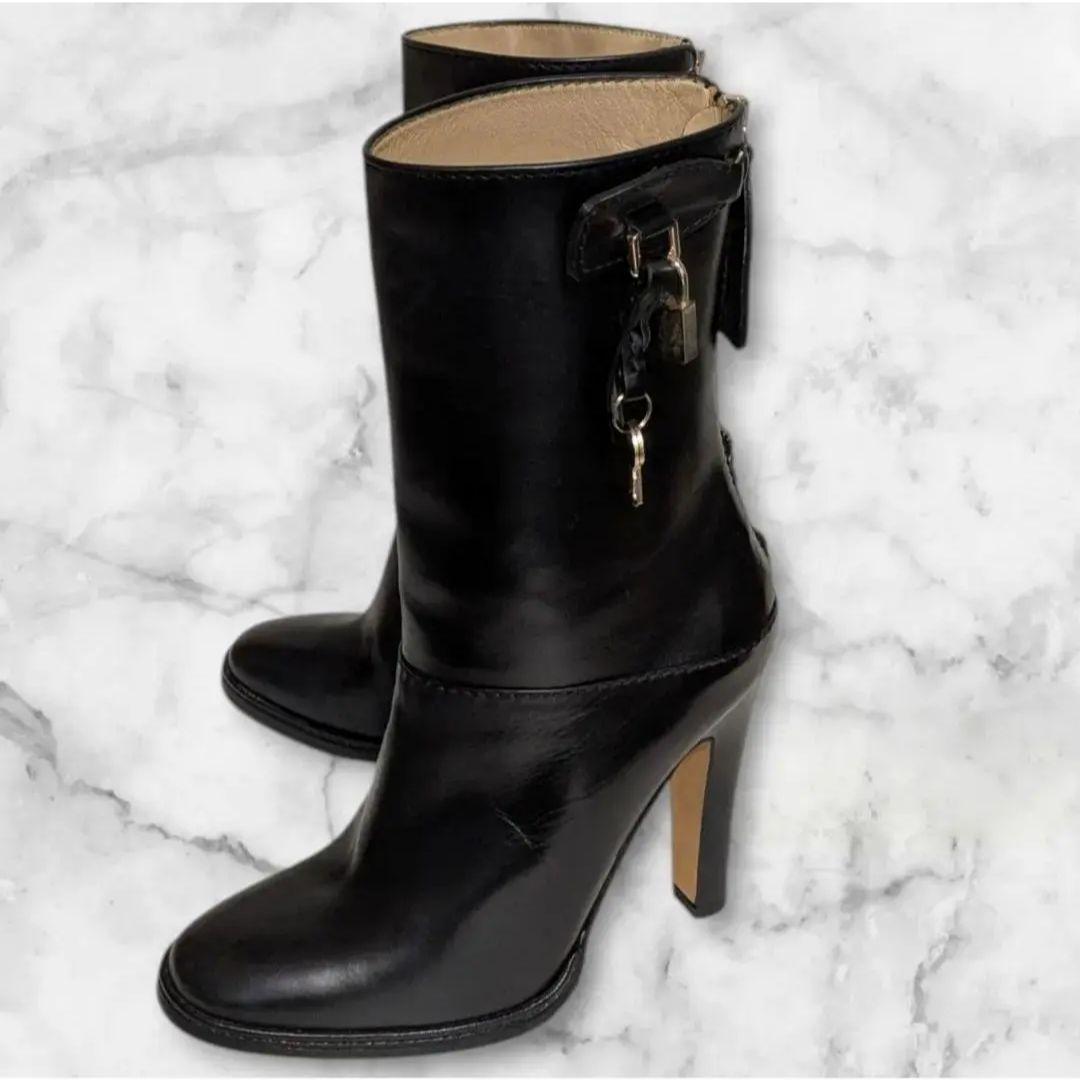 良品 Dolce & Gabbana 黒革 ショートブーツ 23cm 南京錠雪冬