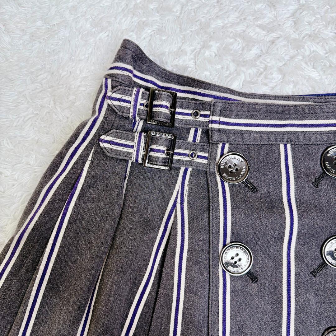 希少✨ BURBERRY プリーツ ミニスカート ベルト ストライプ ボタン