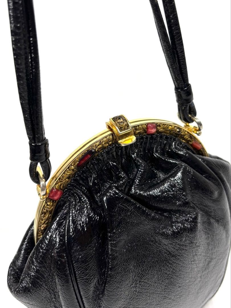 濱野（HAMANO） ハンドバッグ　サンピエトロ　がま口　ビジューストーン　黒