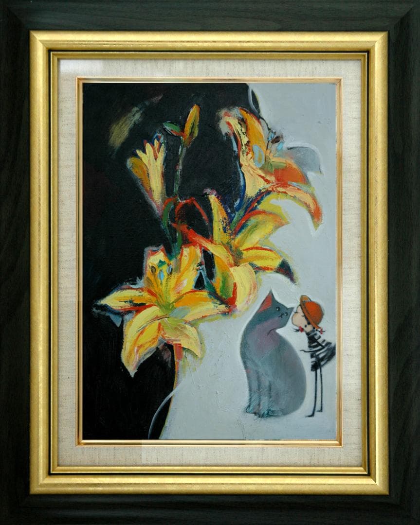 油絵 菅家令子絵 絵画インテリア額付(青緑＋金色の枠)uF6-050320猫女子