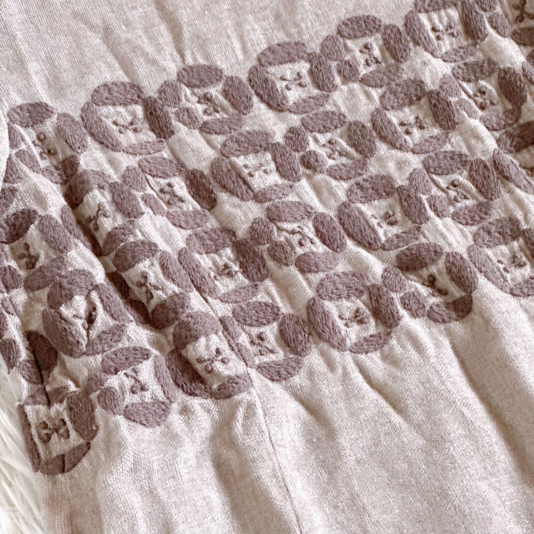 ミナペルホネン dear 刺繍ワンピース 半袖 リネン ベージュ系 36サイズ