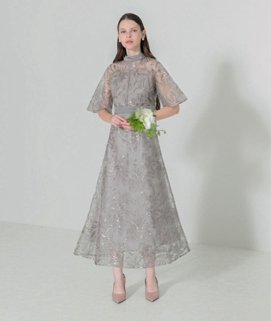 【LEJA】スパンコール花柄刺繍Aラインワンピースドレス　グレー　M