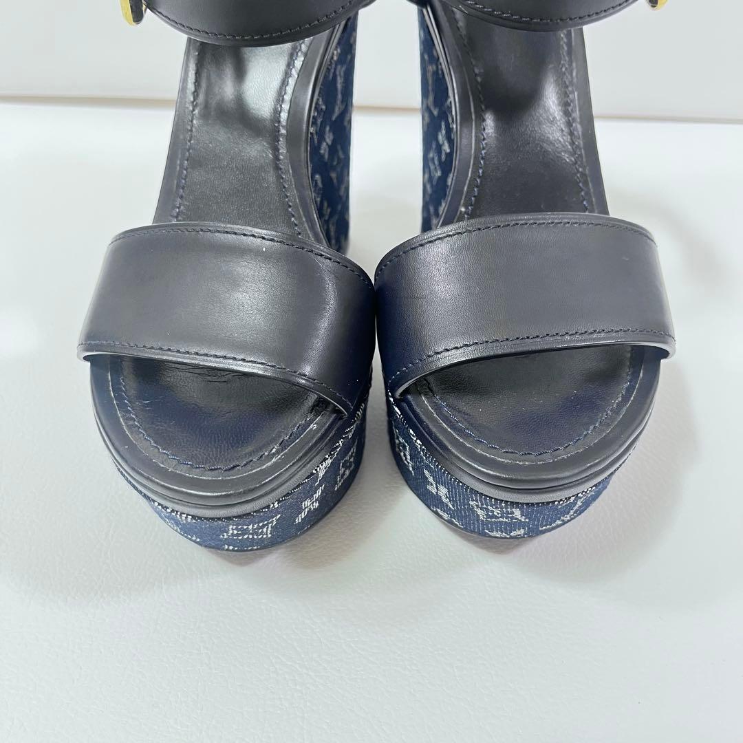 美品 ルイヴィトン　サンダル　ウエッジソール　モノグラム　デニム　ネイビー