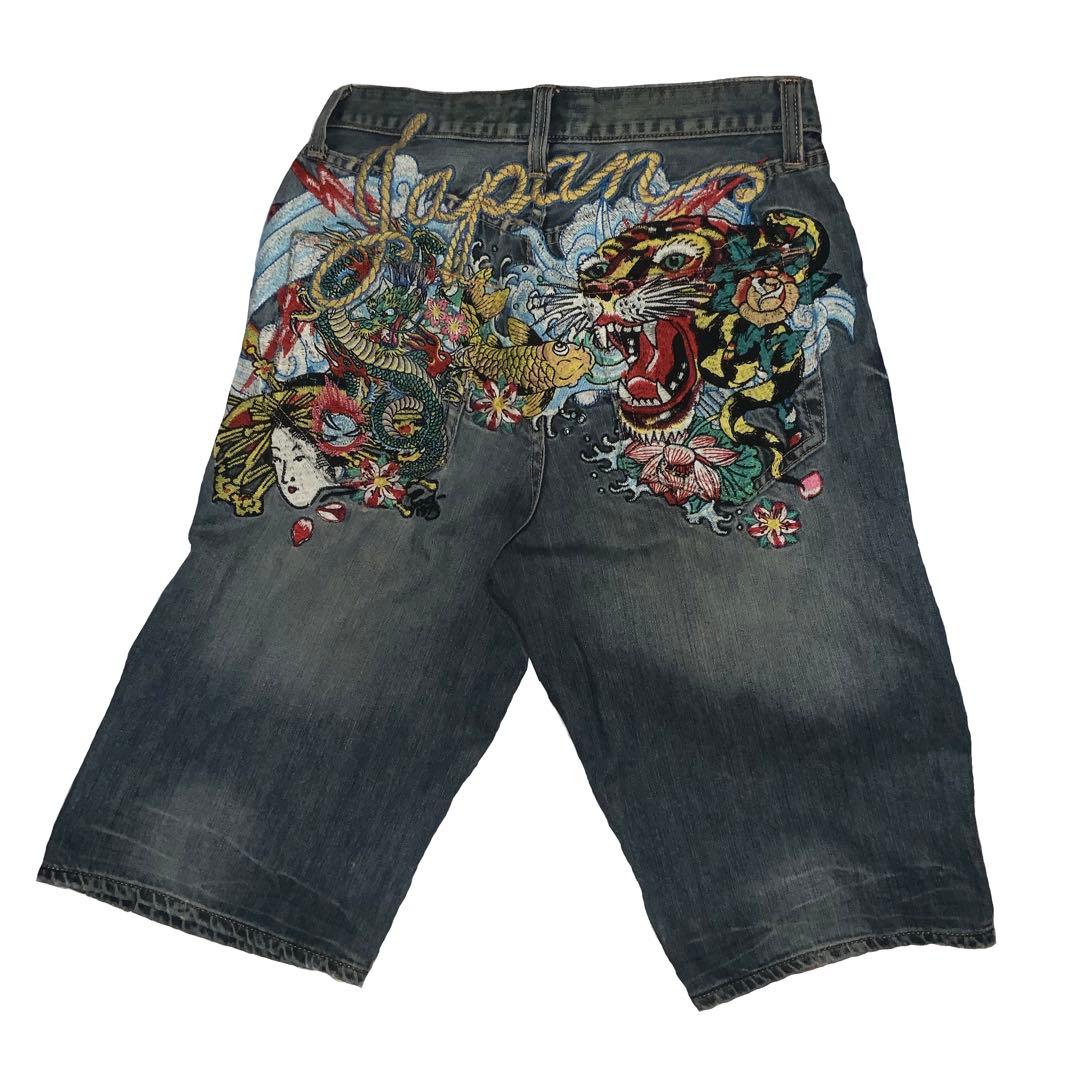 Ed hardy Y2K 刺繍デザイン デニム ハーフパンツ hiphop