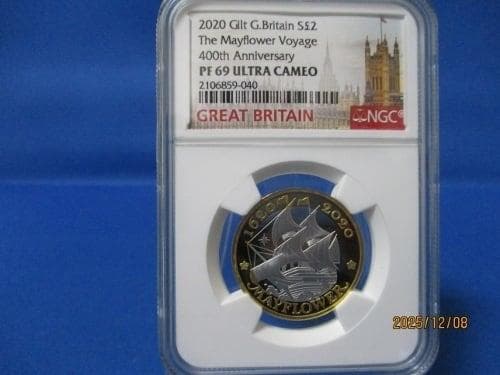 イギリス 2ポンド銀貨☆メイフラワー号航海400周年／未使用／NGC PF69