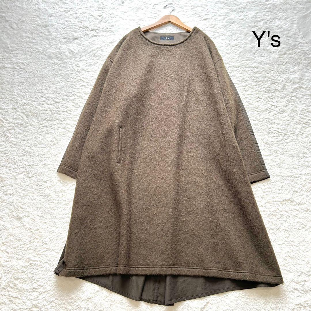【美品】Y’s ワイズ　異素材　ウール モヘアワンピース　変形　カーキ