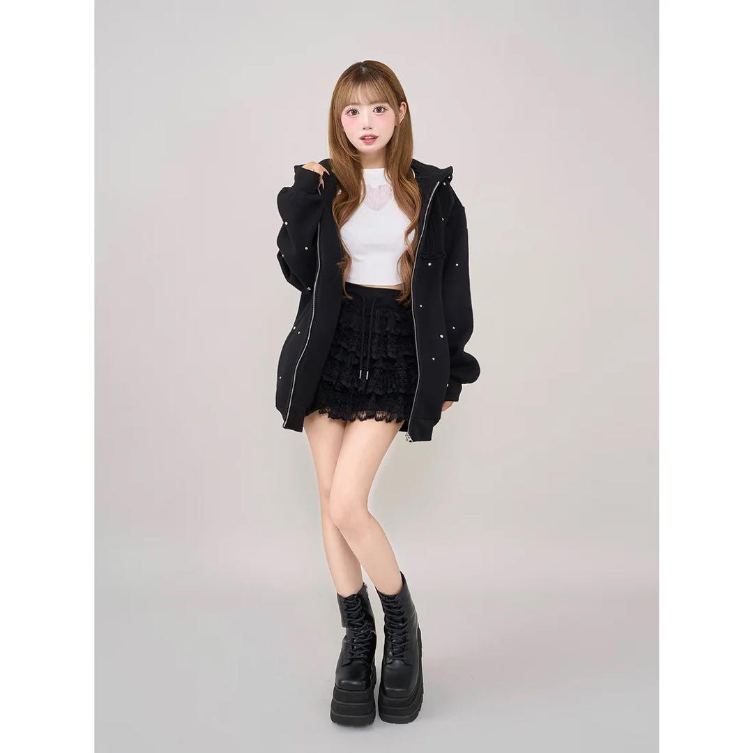 新品タグ付き ダーリッチ ブラック DDロゴビジュージップパーカー F フリー