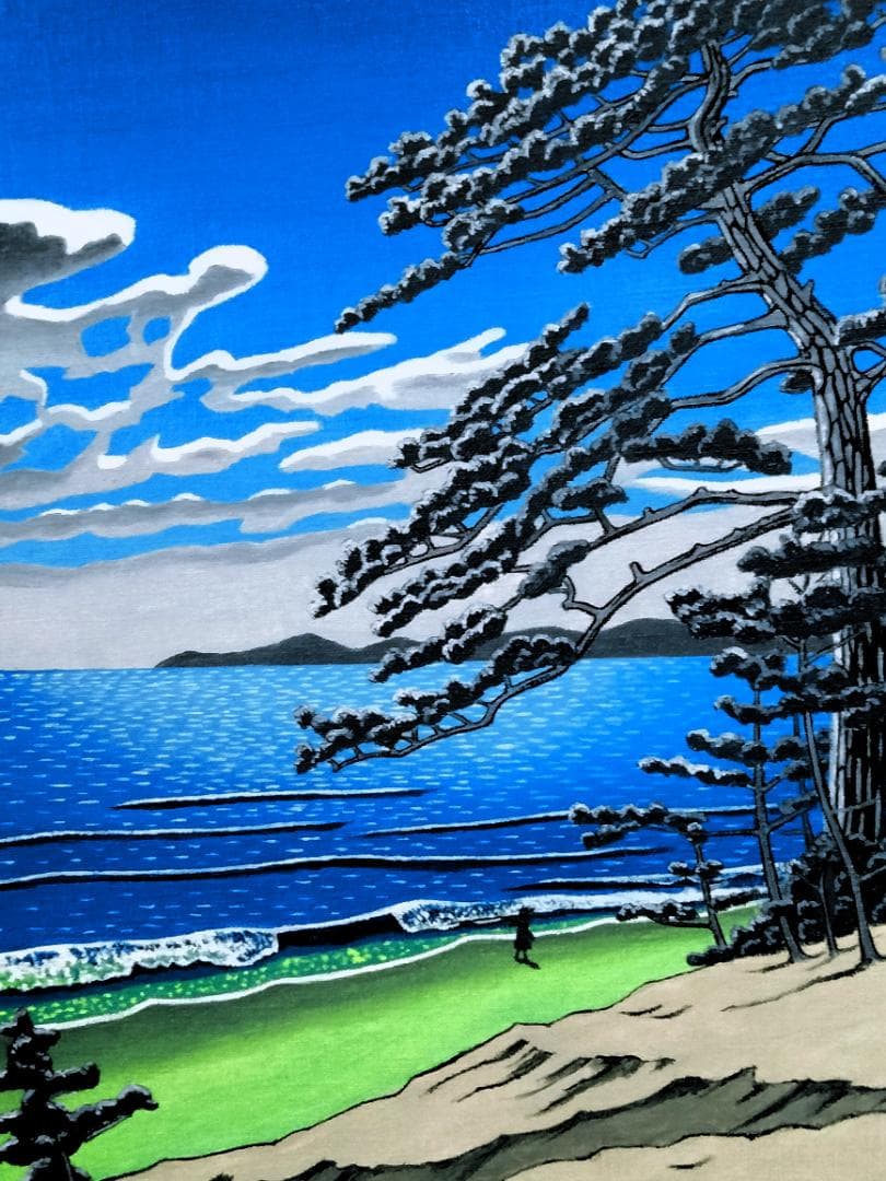 ★川瀬巴水(二宮海岸)模写・谷村一男肉筆油彩画・F6・新品額付き