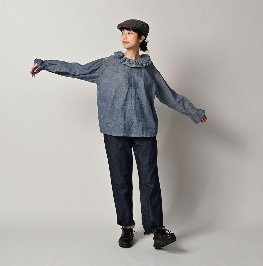 45R インドカディダンガリーのフリルカラーブラウス（藍）