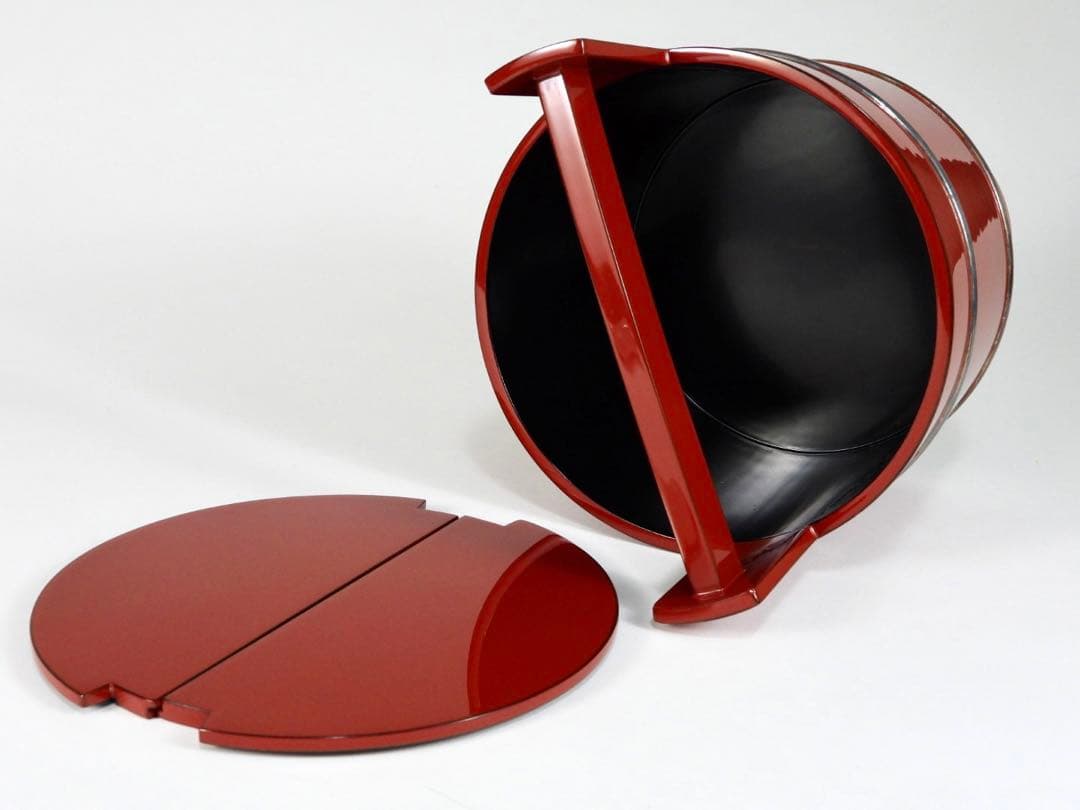 木製　輪島塗　銀輪線　朱漆塗り　手桶水指　共箱　茶道具