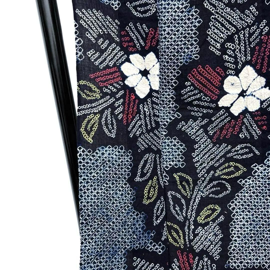 浴衣　有松鳴海絞り　花模様　リーフ　ネイビー系　着物　054w d