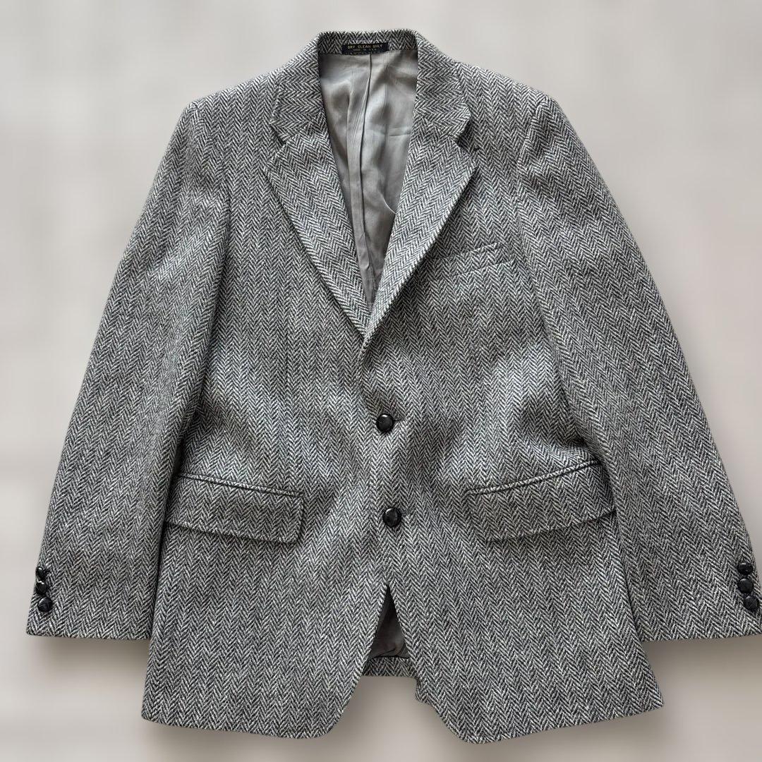 美品【ヘリンボーン 】アメリカ製　ハリスツイード　テーラードL 灰　毛　くるみB