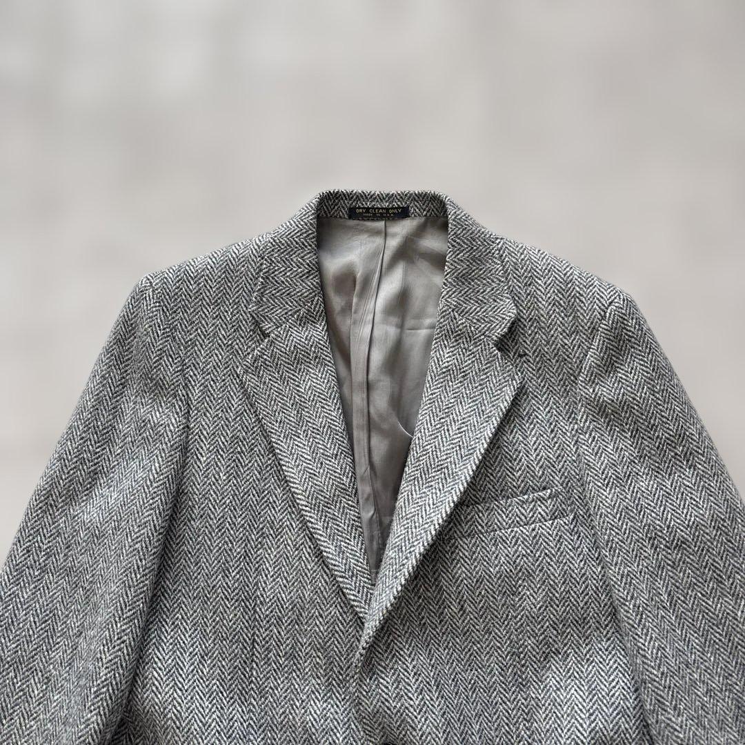 美品【ヘリンボーン 】アメリカ製　ハリスツイード　テーラードL 灰　毛　くるみB
