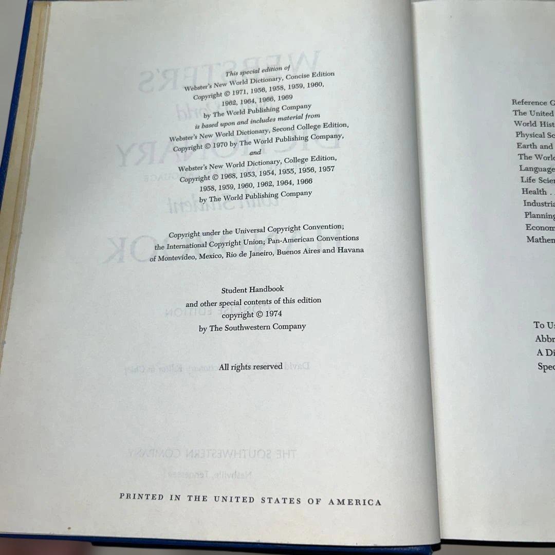 1974年ウェブスターズニューワールドディクショナリーwith学生ハンドブック