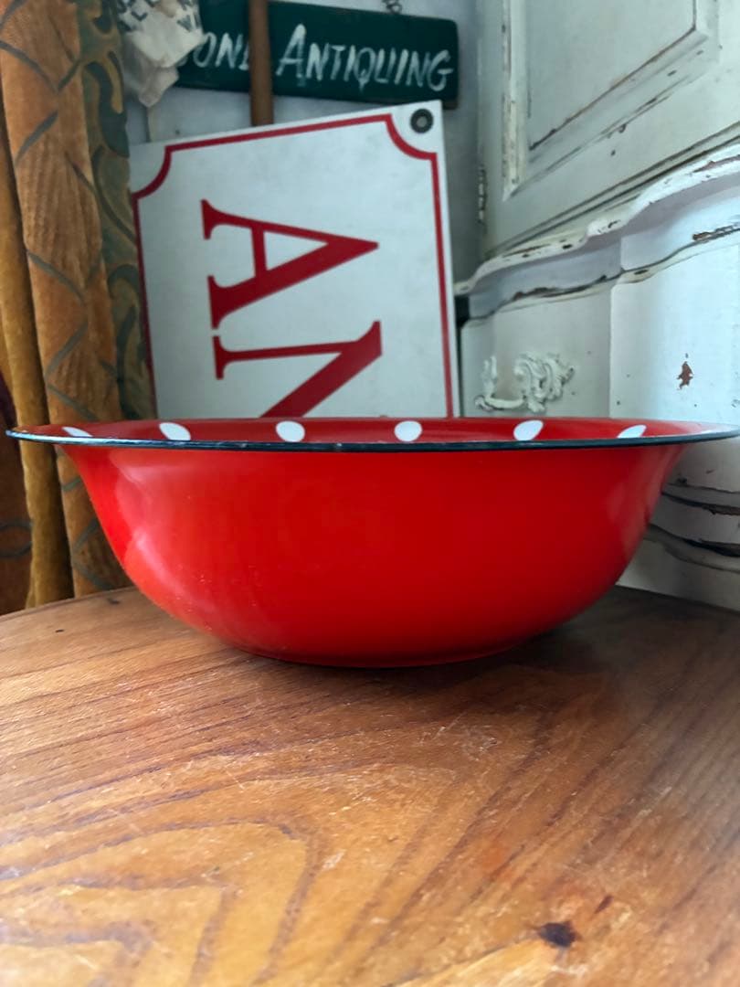 カバトンアンティーク　可愛い　ホーロー　ドット　水玉　洗面器　タライ　レア