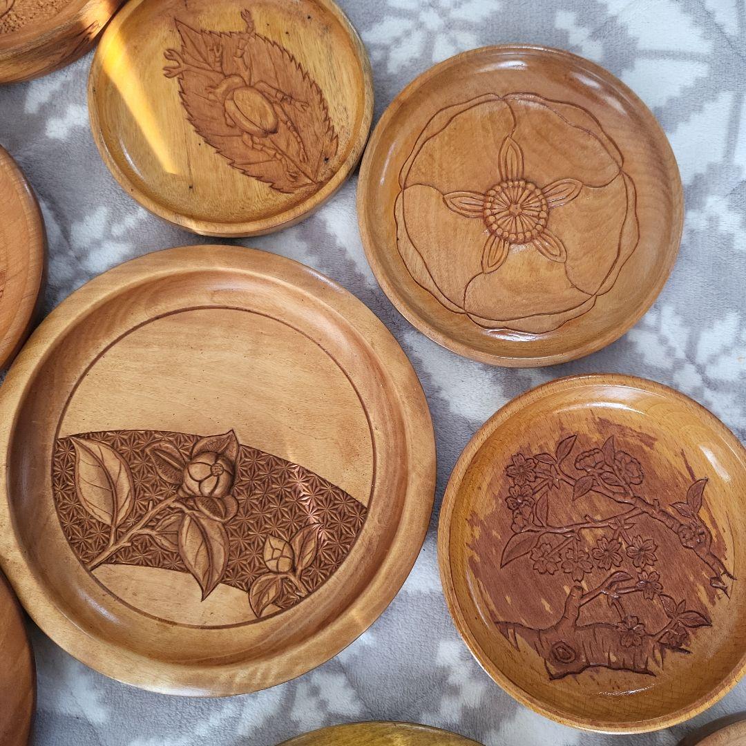木製 彫刻盆 12枚セット お盆 宮島彫 お菓子 茶 鶴 桜 牡丹 扇 レトロ