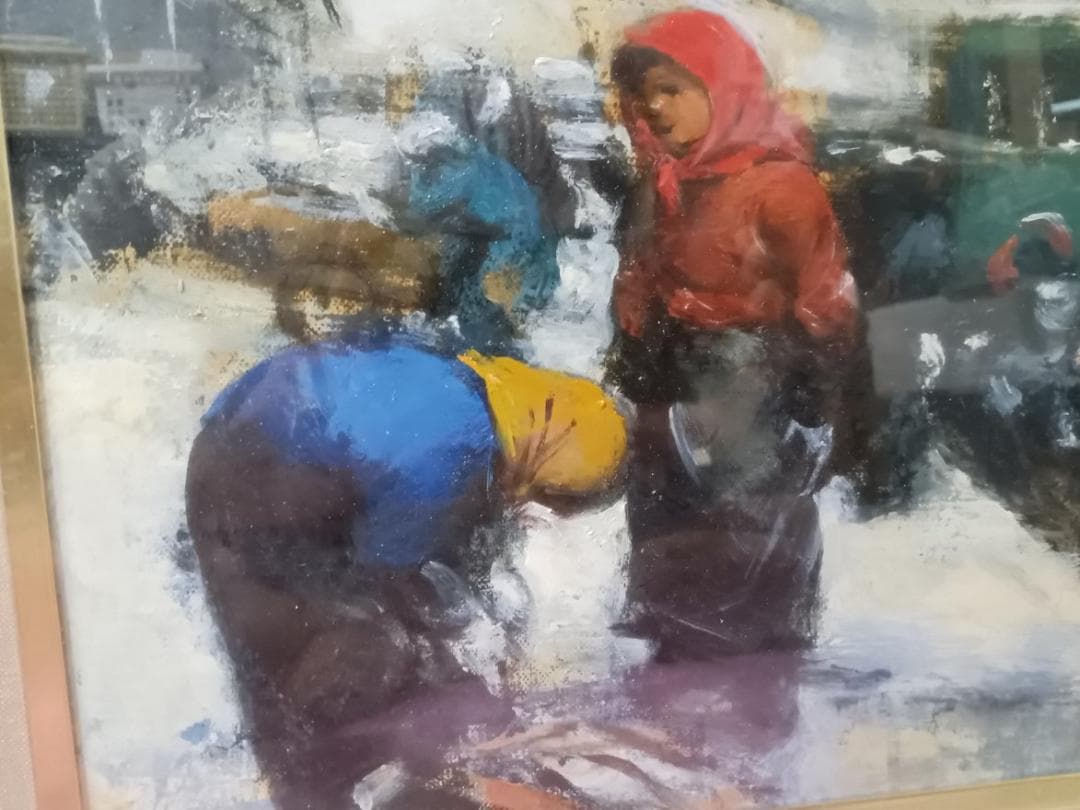 油彩画　工藤和男作　「雪の漁港」　　F４号　額付　サイン有　真作