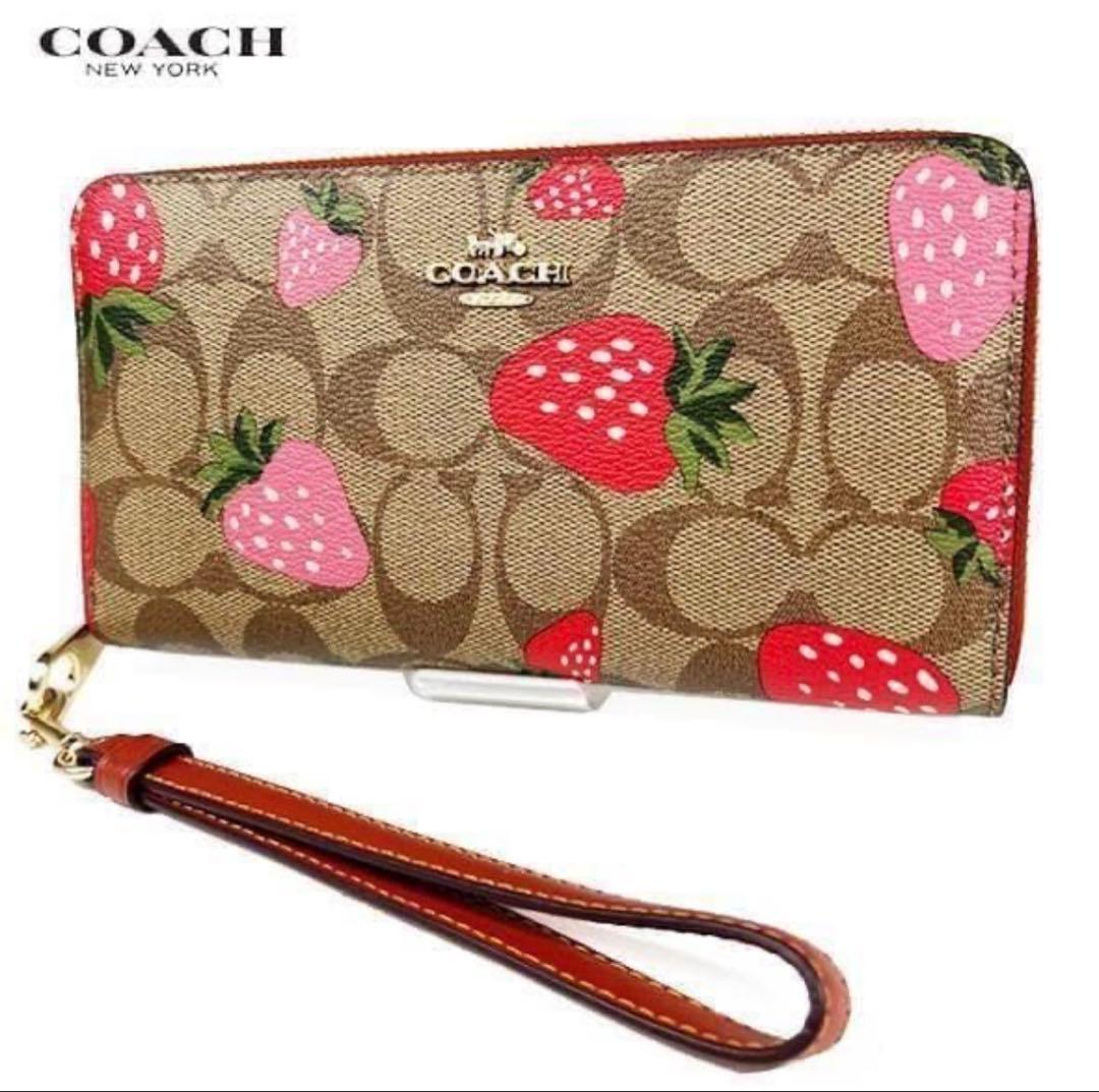 コーチ 長財布 COACH レザー シグネチャー ストロベリー 苺 プリント