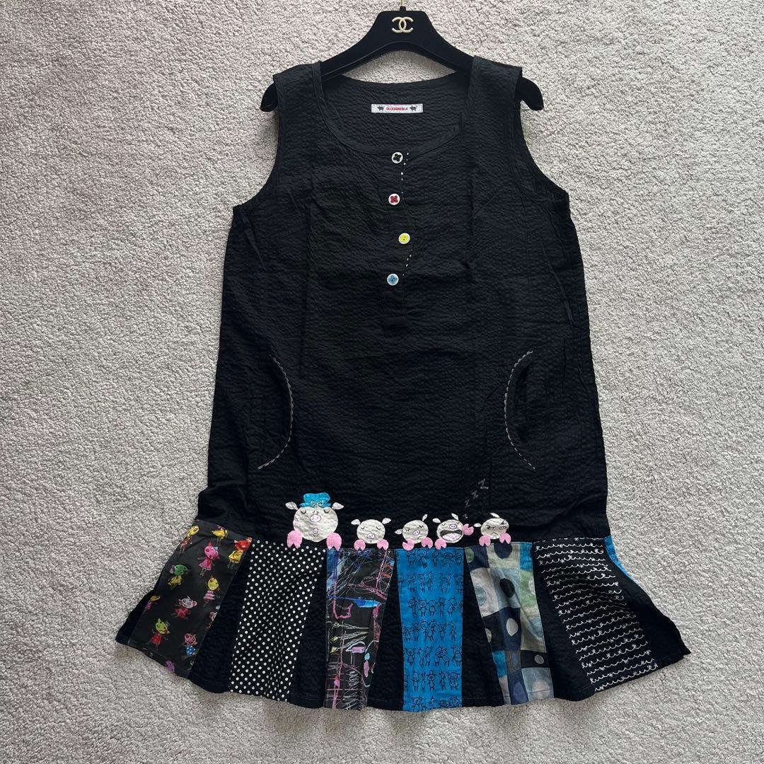 アルベロベロ オレボレブラ チュニック ワンピース ぶたさん ビーズ コットン黒