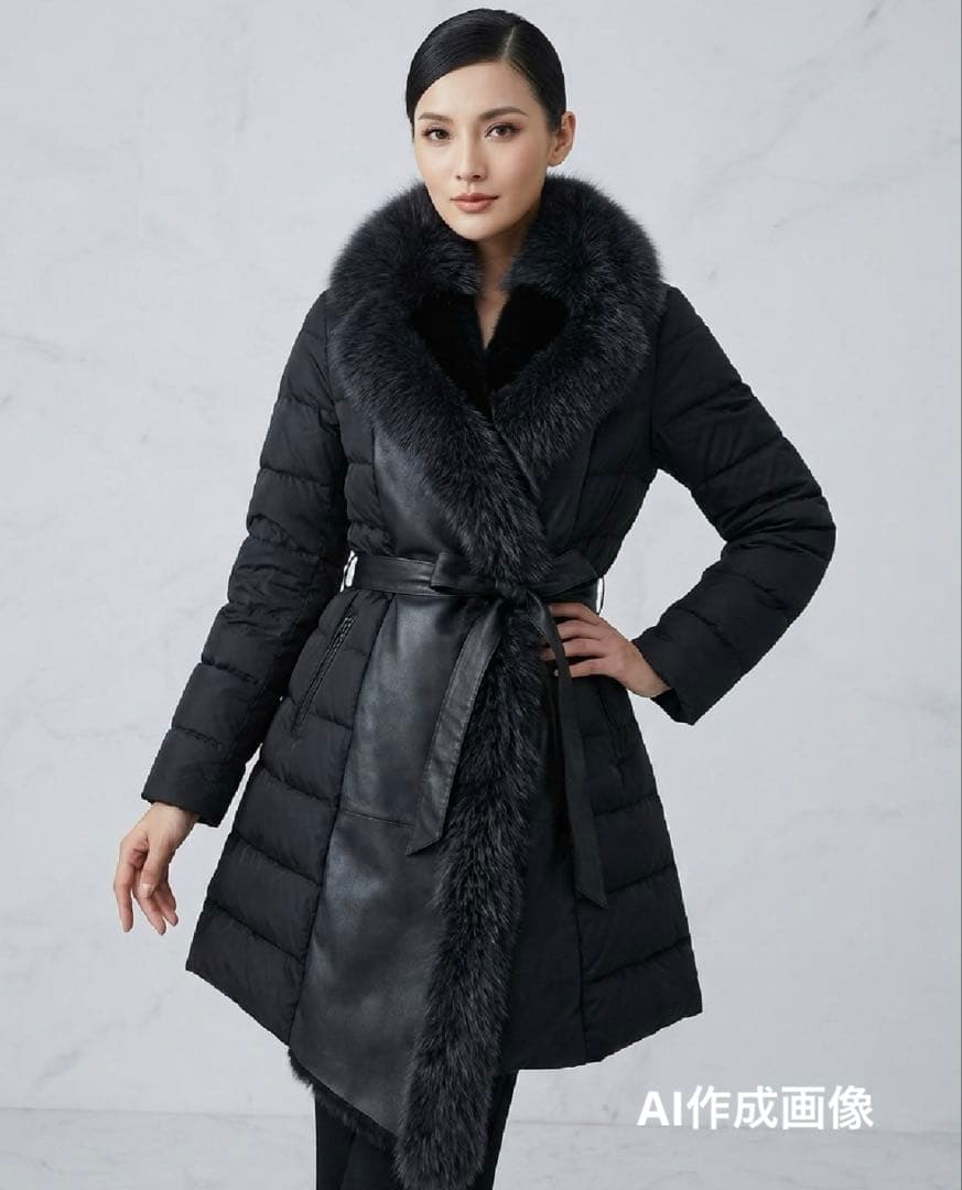 豪華ブルーフォックスファー×ラビット レザー切替 変形ロングダウンコート L